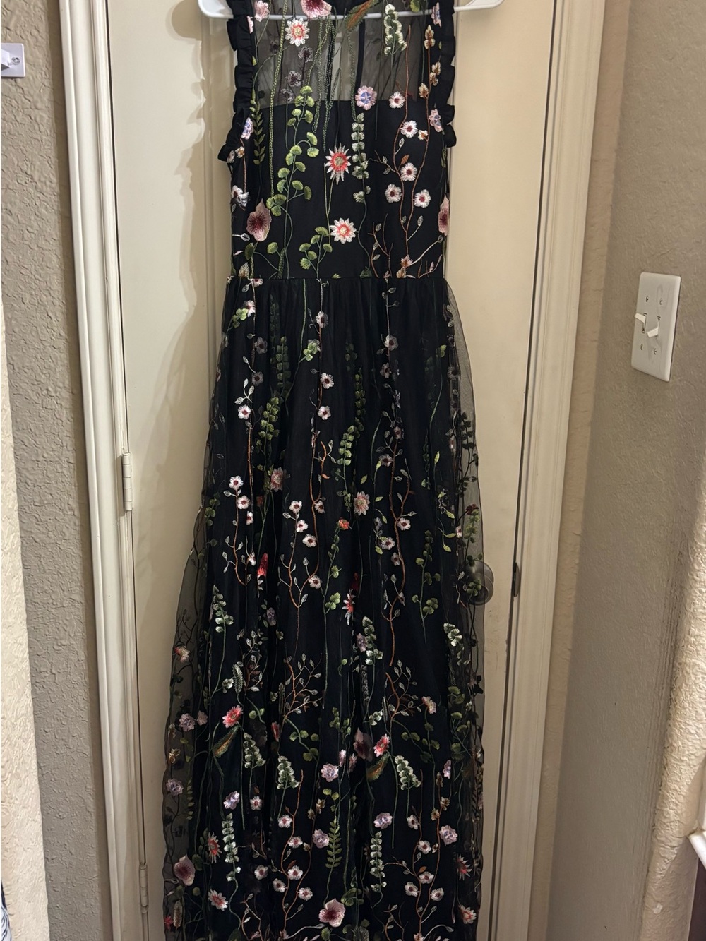 City Studio Black Floral Embroidered Mesh Gown